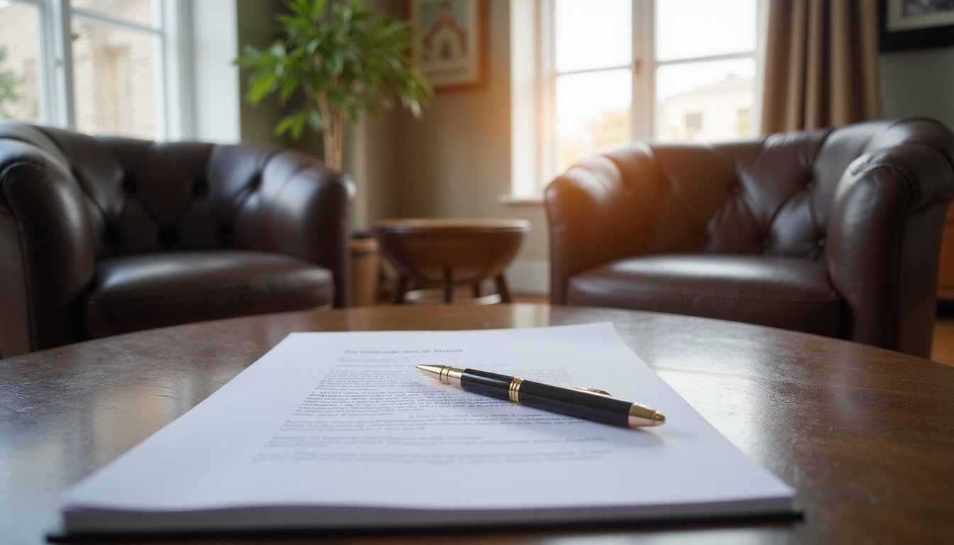 Large attorney meeting room with two chairs facing each other and legal notepad, clean décor
