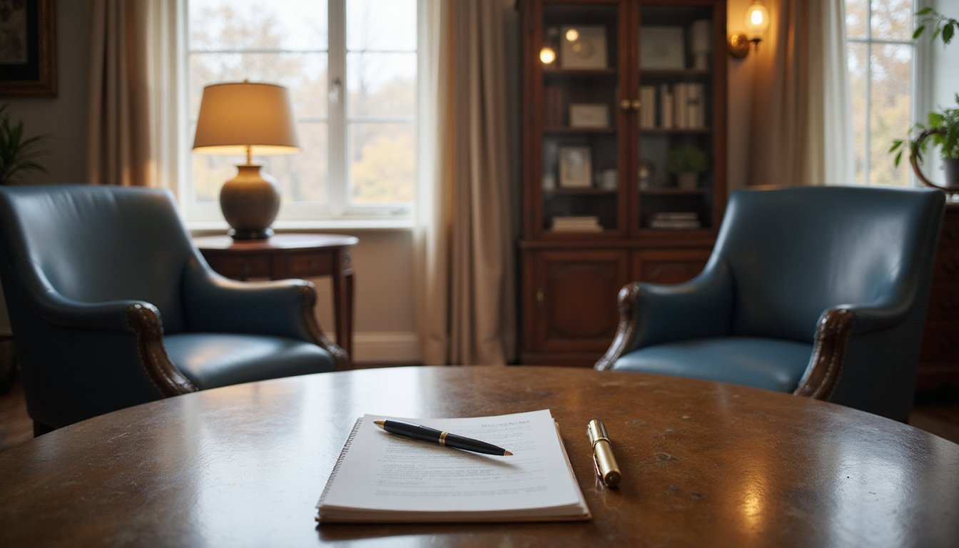 Warm, sunlit law office consultation room with two chairs and a legal notepad on the table