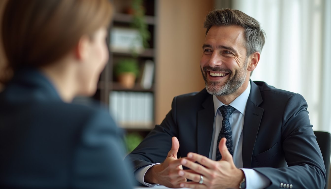 Attorney consulting with a client across a desk in a warm modern law office, with the client softly blurred for privacy