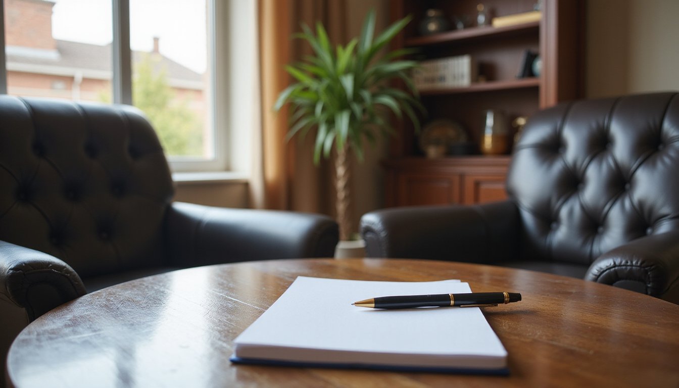 Tasteful law firm consultation room setup with two chairs and a notepad on a table, daylight