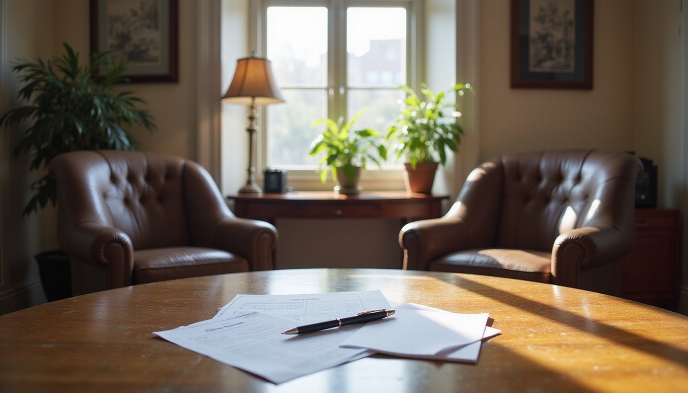 Wide interior shot of a law office consultation room with two chairs and a notepad, no person