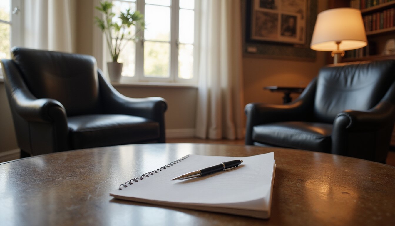 Spacious legal office meeting setup with two chairs across a table, professional décor, no people
