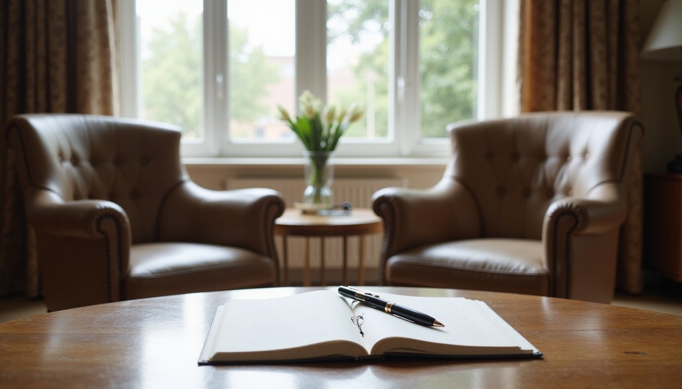 Bright, spacious law office consultation space with two chairs facing each other, no person