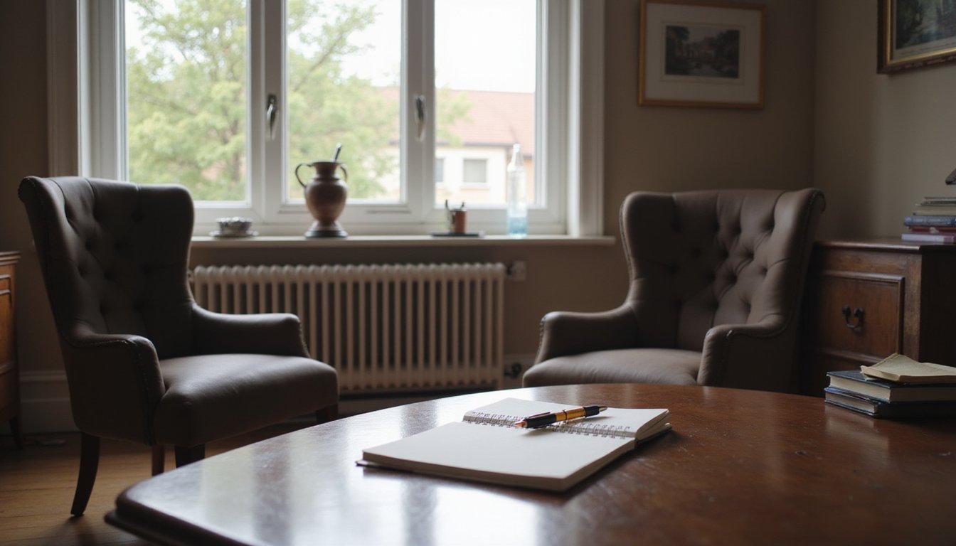 Bright, airy law firm consultation room with two chairs and a note-taking setup on table