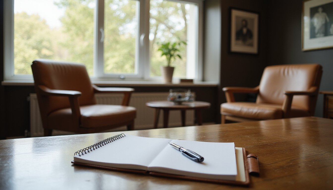 Inviting law firm meeting room with two chairs across a table and legal notepad, warm daylight