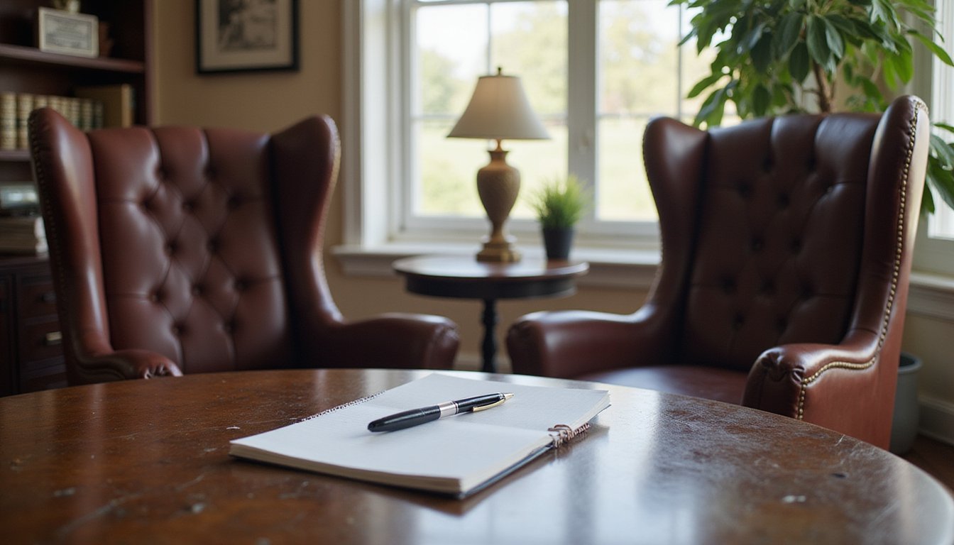 Large law firm consultation space with two chairs, pen and notepad on table, natural daylight