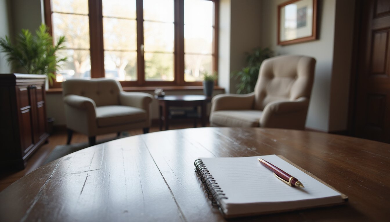 Large law office consultation room with two chairs and notepad on table in soft sunlight